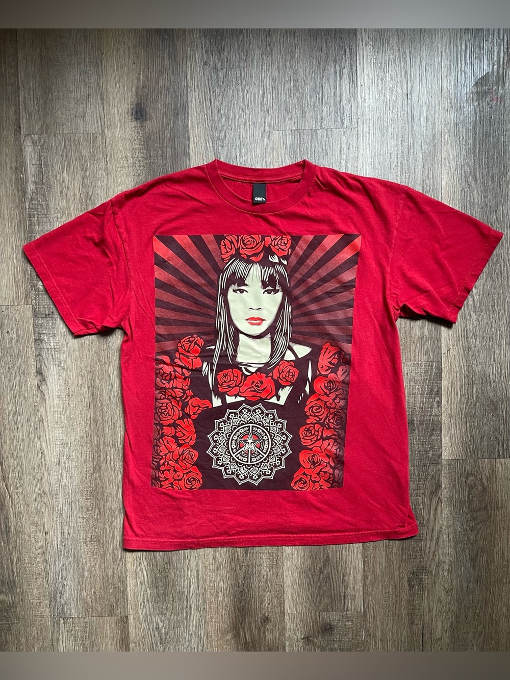 Obey Red Graphic Rose Portrait T-Shirt